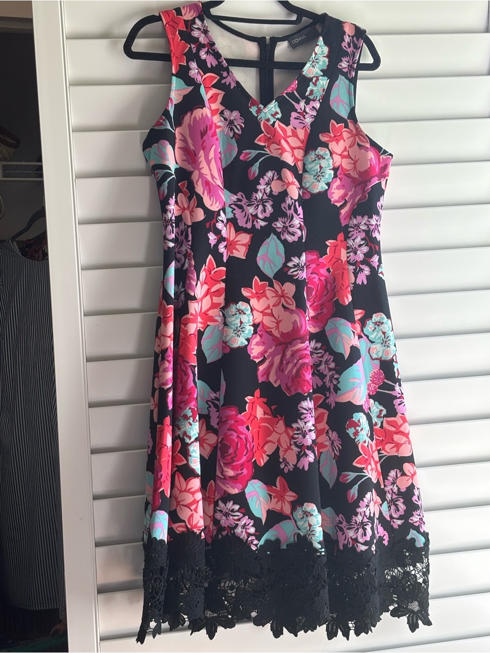 Donna Ricco Black Floral Midi Dress with Pink and Aqua Blooms